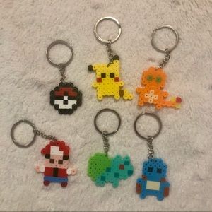 Bundle of 6 Pokémon Fuze Bead Pixel Keychains Mario Pokeball Pikachu Squirtle